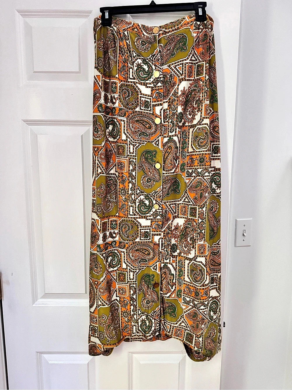 Vintage 70s Psychedelic Paisley Maxi Skirt Avocado Green Orange Geometric